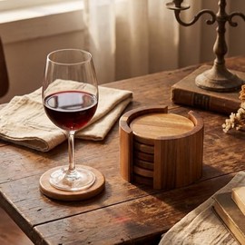 LemonRoad Juego de 7 posavasos de madera de acacia, juego de 6 posavasos redondos de 3.6 pulgadas con 1 soporte de madera rstica marrn oscuro para... 