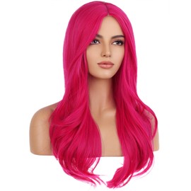 ATROFY 27 Inches Pink Wig Long Wavy Wig Hot Pink Wig for Women Girls Milddle Part Curly Long Wig Neon Pink Wig Magenta Wig Heat Resistant Synthetic Cosplay Wig (Hot Pink)