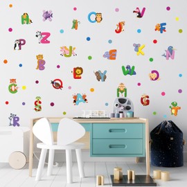 Kids Wall Decals, Alphabet Animal Letters, Peel and Stick Nursery Wall Sticker, Removable Vinyl Kids Decal, Rainbow Polka Dots, Educational Classroom Décor, Alphabet Wall Art for Baby Room, Preschool