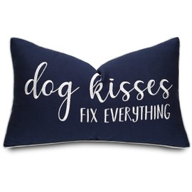 Rudransha Dog Kisses Fix Everything Embroidered Lumbar Accent Throw Pillowcase - Gift for Pet Lover, Home Decor - 12x20 Inches, Navy Blue