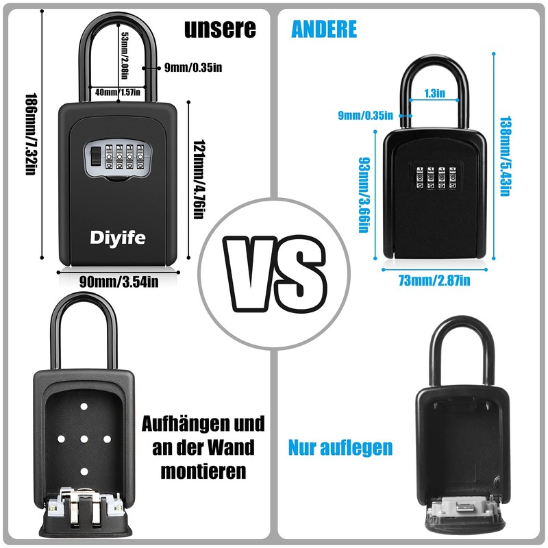 Diyife Key Box with Shackle, Wall Mounted, Key Safe for