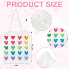 Whaline Colorful Heart Canvas Tote Bags Rainbow Love Heart Shopping Bag Valentine's Day Reusable Gift Goodie Bag for Gifts Wrapping Storage