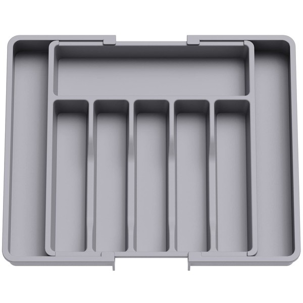 Lifewit Cutlery Holder, Expandable Utensil Holder for Drawer, Adjustable Cutlery Tray, Compact Plastic Cutlery Tray for Drawers for Spoons, Forks, Knives, Large, Grey