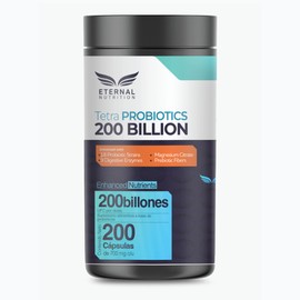 TETRA PROBIOTICS 200 BILLONES - 200 capsulas (200 BILLONES UFC por porcion), Complejo de Probioticos con Fibras Prebioticas, Enzimas Digestivas y Citrato de Magnesio -by Eternal Nutrition