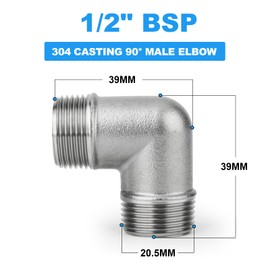 ERGAOBOY Pack of 5 304 Stainless Steel 90 Degree Male Thread Pipe Fitting 1/2 Inch BSP Male Thread Pipe Fitting