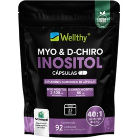 WELLTHY | Myo & D-Chiro Inositol 92 Cápsulas. Mezcla Óptima 40:1, 2400mg Myo Inositol y 60mg D-Chiro Inositol, Ingredientes 100% Naturales, Gluten Free, Sugar Free, Vegan, Bottle Free