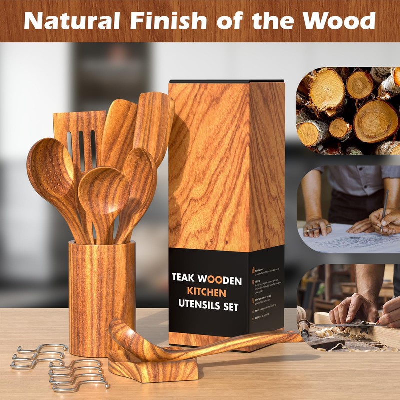 Natural Teak Kitchen Cooking Utensil Set with Holder, Wooden Spoons