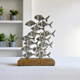 pf+a Decorative Metal Fish Sculpture on Wooden Base, Silver, 21 cm Height