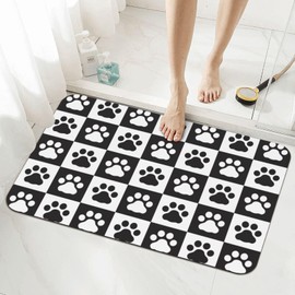 Jbofyee Black Andk White Dog Paws Bath Mat Rugs 15.7x23.6 in, Pet Footprints Checkered Diatomaceous Earth Bathroom Rug Rubber Non-Slip Absorbent Bathroom Mat for Tub and Shower Sink