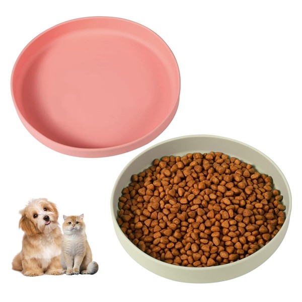 GIGIIS Cat Bowl Flat Silica Gel Pack of 2 Cat Bowls 18 x 16 cm Feeding Bowl Dog Cat Bowl Flat Oval Cat Bowl for Dry Food and Wet Food - Pink + Grey White