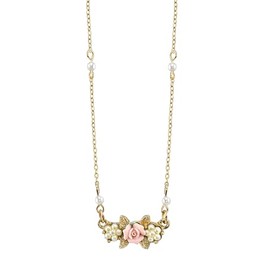 1928 Jewelry Faux Pearl Pink Porcelain Rose Pendant Necklace For Women 16" + 3" Extender
