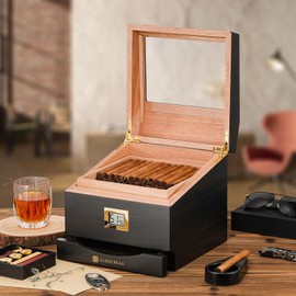 GLENCREAG FT-2042 Cigar Humidor Box for 85 Counts, See-Through Design with Spanish Cedar Lining & Divider, Digital Hygrometer, Accessory Drawer & Humidifier, Gift for Cigar Lover (Ebony)