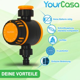 YourCasa Bewässerungsuhr MECHANISCH mit Filter [120 Min] - Zeitschaltuhr mit Schlauchkupplung zur Bewässerung - Wasserhahn Garten Wasser Zeitschaltuhr Bewässerungsautomat Wasserzeitschaltuhr (Orange)