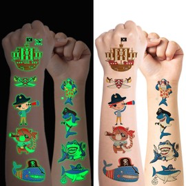 Children's Tattoo 10 Sheets Luminous Pirate Shark Temporary Tattoo Sticker Set for Girls Boys Glow in the Dark Waterproof Children's Tattoos Birthday Gifts Children's Birthday Party Bags