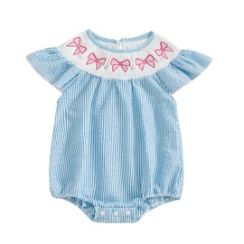 Kayotuas Newborn Baby Girls Smocked Bubble Romper Cute Embroidery Ruffle Gingham Bodysuit Dress Infant Toddler Summer Clothes (Blue Pink Bow, 0-3 Months)
