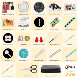 JIEHUA Kit de Costura Portátil 226 Piezas,Costureros para Casa Profesional con Hilos para Coser,Tijeras de Costura,Agujas para Coser,Cinta Métrica y Accesorios,Ideal para Hogar,Viaje,Manualidades DIY