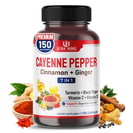 Cayenne Pepper 7 in 1 - - with Ginger, Turmeric, Cinnamon, Black Pepper - Promotes Digestive System Function (150-day Supply (Pack of 1))