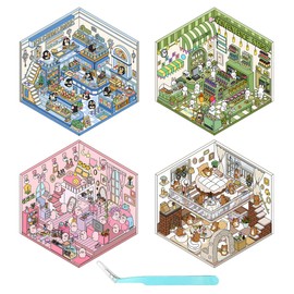DIY 3D House Stickers 4 Set for Girls, DIY 3D Sticker Scene Make Your Own Mini Home Stickers, Store, Loft Cottage, Pink Cabin, Ice-Cream Shop, Cute Cartoon Stickers to Relief Stress for Adult Kids(B)
