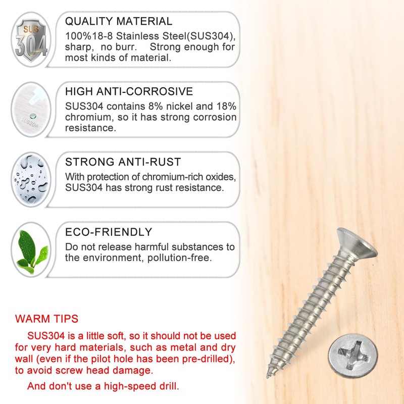 Wood Screws - 120PCS Flat Head Phillips Screws, 304 Stainless