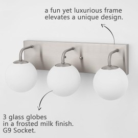 Kosmbruk Bathroom Light Fixtures, 3-Light Brushed Nickel Vanity Lights Bathroom Lighting Fixtures Over Mirror, Modern Wall Sconces Wall Lighting with Globe Frosted Milk Glass Shades