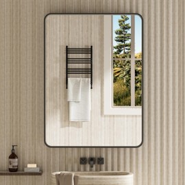JISOSO 22x30 Inch Black Bathroom Mirror Wall Mounted, Rounded Rectangle Matte Black Framed Mirror, Black Bathroom Vanity Mirror, Tempered Glass, Anti-Rust, Horizontal/Vertical