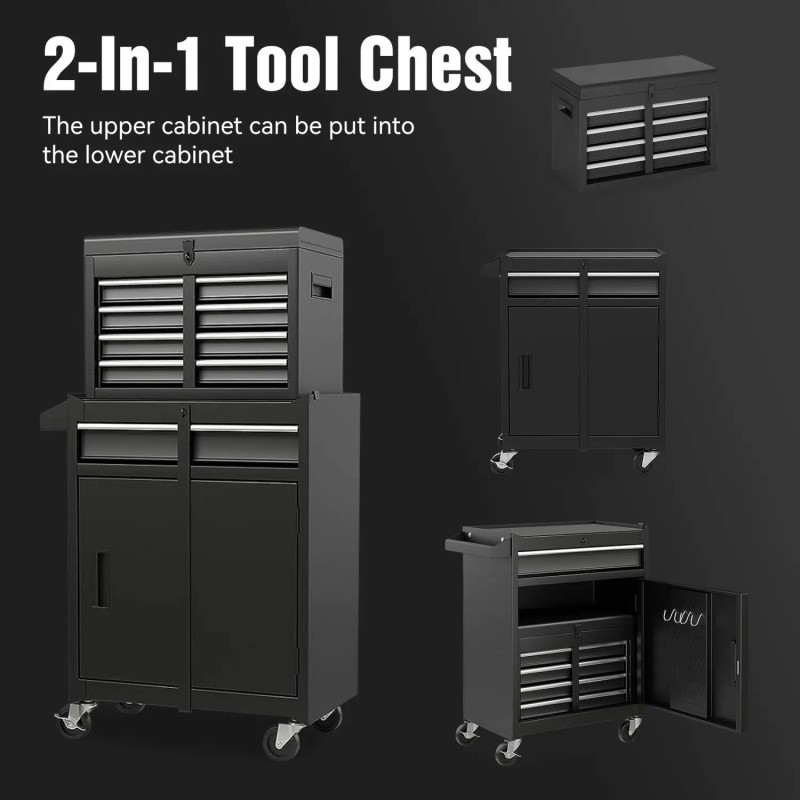Detachable Top 5-Drawer Rolling Tool Chest Adjustable Shelf Locking Mechanism