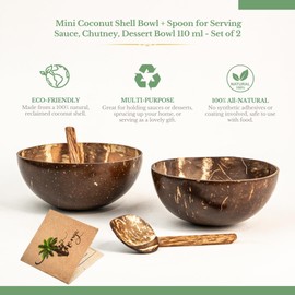 Thenga Artisan Mini Coconut Shell Bowl, 150 ML | for Serving Sauce, Chutney, Dessert Bowl (Set of 4)