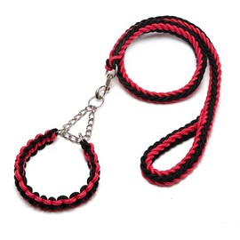 DOTEYAYP Heavy Duty Nylon Dog Collar Leash Set 8 Strand Rope Braided Adjustable Dog Training Collar for Small, Medium, Large Dog (Medium, Black and Red)