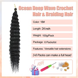 24 Inch Ocean Wave Crochet Hair Extensions 6 Packs Deep Wave Curly Braiding Hair Extensions Synthetic Crochet Braids for Black Women(1B)