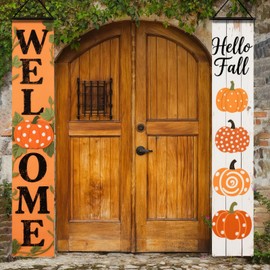 HOMETITUTE 2pcs Fall Welcome Porch Banner Sign Set 12x71 Inch Autumn Thanksgiving Decoration Polka Dot Pumpkin Door Banners for Thanksgiving Autumn Home Door Porch Outdoor Decor