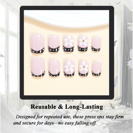 French Tip Press On Nails - 24Pcs Short Square False Nails - Pink Nails with Black French & 3d Flower Design - Full Cover Acrylic Fake Nails with Glue - Stick on Nails for Women Long Lasting