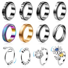 Cruzix 12Pcs Anxiety Fidget Rings for Women, Stainless Steel Spinner Rings Moon and Star Bead Band Ring Adjustable Open Ring Sunflower Fidget Rings for Men Teens Anti Stress Gift, Size 7-10