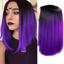 HANNE Ombre Black to Purple Bob Wig Shoulder Length Bob Hair Short Straight Hair Bob Wigs for Women Ombre Purple Wig (Ombre Purple)