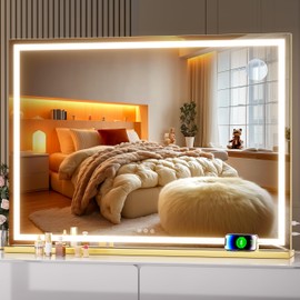 Hasipu Vanity Mirror with Lights, 40" x 30" LED Makeup Mirror, Lighted Makeup Mirror with Dimmable 3 Modes, Touch Screen Control Vanity Mirror Square Gold