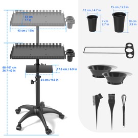 ZHOOGE ZHOOGE Hairstylist Tray Rolling Cart, Salon Tray Cart Salon Hair Extension Trolley Cart with Storage Platform and Hair Separator Stand, Salon Coloring Tray Cart with Hair Dye Bowls and Tools, Black