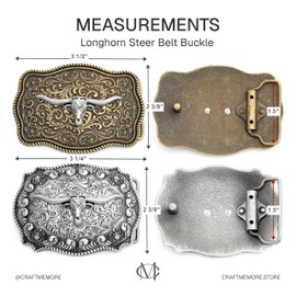 CRAFTMEMORE - Hebilla de cinturón occidental, diseño de caballo y cuerno largo, acabado de latón antiguo y plata, se adapta a cinturones de 1.5 pulgadas, Plata antigua, 1.5 Inches