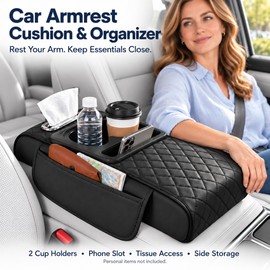 Auto Center Console Armrest Cushion With 2 Cup Holder PU Leather Armrest Pad Portable Car Amrest Pillow Cover Height Pad