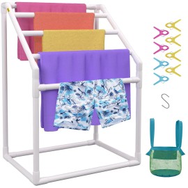 White 5 Bar Freestanding Outdoor PVC Poolside Towel Rack With Clips Mesh Bag Hook For Beach Storage OrganizerPipe Shape: Trapezoidal, Color: White Color
