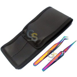 G.S Set of 2 Stainless Steel Multi Titanium Rainbow Color 3D Eyelash Extension Tweezers SEMI Angled + X Type SELF RETRACTING FINE Point Best Quality
