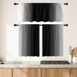 EGLGCC Black and White Kitchen Curtains Valance Set 52x18 Inch Tiers, 26x36 Inch*2 Small Mini Grey Gray Silver Ombre Gothic Goth Gradient Rod Pocket Short Cafe Window Drapes Treatment Fabric 3 Panels