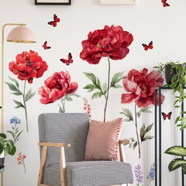 Runtoo Large Red Flowers Wall Stickers Butterfly Watercolor Floral Wall Stickers for Bedroom Living Room Children's Room Office Home Decoration