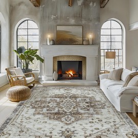 Washable Rug Living Room Rugs: 8x10 Area Rug Large Soft Boho Vintage Medallion Carpets Indoor Floor Anti Slip Non-Shedding Thin Carpet for Bedroom Dining Room Farmhouse Nursery Home Office-Taupe