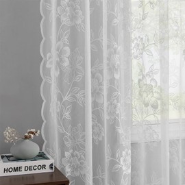 FINECITY White Lace Curtains 54 Inch Length, Country Rustic Floral Leaf Sheer Lace Curtains 2 Panels Set for Bedroom, Rod Pocket Privacy Vintage Lace Window Curtain Panels, 52 x 54 Inch, White