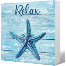 Relax Sign, Coastal Wood Sign with Starfish - Rustic Blue Wood Box Decor for Beach House, Bathroom Shelf, Desk - Ocean Themed Home Decor Gift (5x5 Inch)