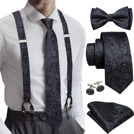 YOHOWA Mens Suspender Bowtie Necktie 6 Clips Strength Adjustable Y Braces Handkerchief Cufflinks Formal Business Wedding