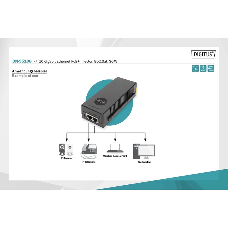 DIGITUS Ethernet PoE+ Injector - 10 Gigabit - 30 W