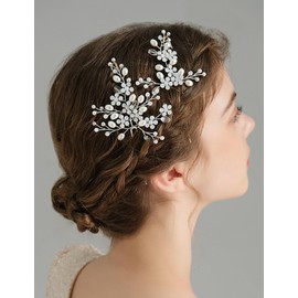 Octwine Handmade Bride Wedding Silver Gold Opal Rhinestone Hair Pins Bridal Hair Accessories Rhinestone Pearls Hair Pins Crystal Flower Hair Clips for Women (Silver, Width 2.55 inches)