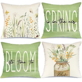 GEEORY Pillow Covers 18x18 Set of 4 Flowers Mason Jar Leaves Butterfly Spring Pillows Decorative Throw Pillows Green Pillowcase Summer Decorations Farmhouse Decor for Couch Sofa