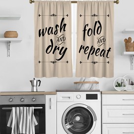 zokyer Laundry Beige Kitchen Window Curtain White Words Minimalist Funny Trendy Wash Dry Fold Small Short 27.5" W x 45" L Curtains Set for Living Room Bedroom Bathroom 2 Panels Rod Pocket Drapes