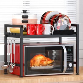 PUSDON Extendable Microwave Oven Rack, Adjustable Microwave/Toaster Shelf Heavy Duty Stand Kitchen Counter Top Organizer, 2 Tier with 3 Hooks, 160lbs Weight Capacity, Black